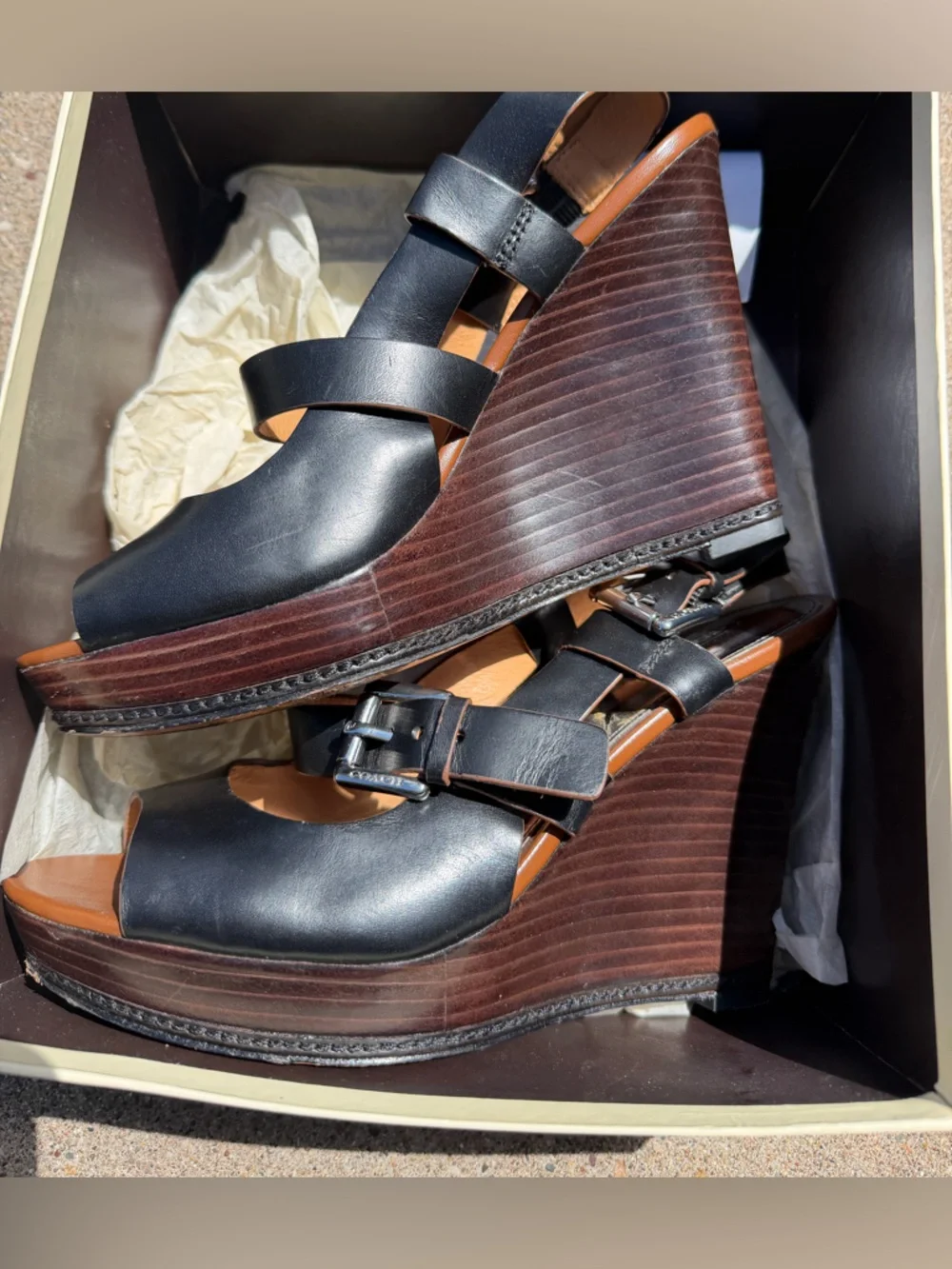 Coach Black Leather Open-Toe Buckle Wedge Heel Sandals with Brown Insole - Picture 2 of 6